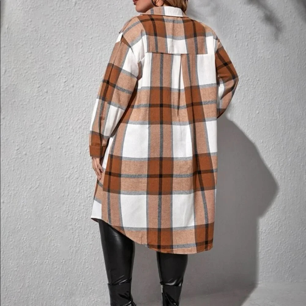 Plus Size Plaid Pocket Light Jacket Shacket Long Shirt Green BELT NOT INCLUDED - Picture 11 of 16